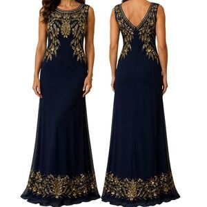 JS Collections Dress 12 Navy Gold Beaded Sequin Art Deco Gatsby Formal Gown
